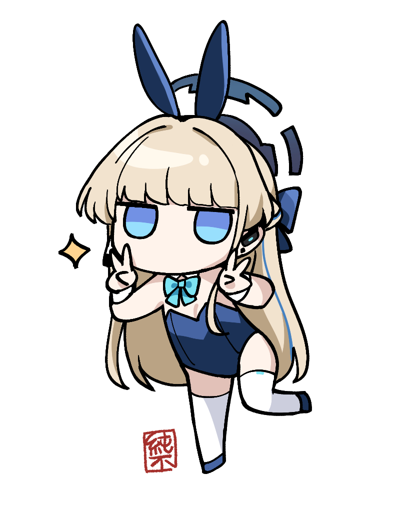 1girl animal_ears blonde_hair blue_archive blue_eyes blue_leotard chibi detached_collar double_v fake_animal_ears full_body halo junsuina_fujunbutsu leotard long_hair looking_at_viewer multicolored_hair no_mouth playboy_bunny rabbit_ears signature simple_background solo sparkle standing standing_on_one_leg streaked_hair thigh-highs toki_(blue_archive) toki_(bunny)_(blue_archive) v very_long_hair white_background white_thighhighs