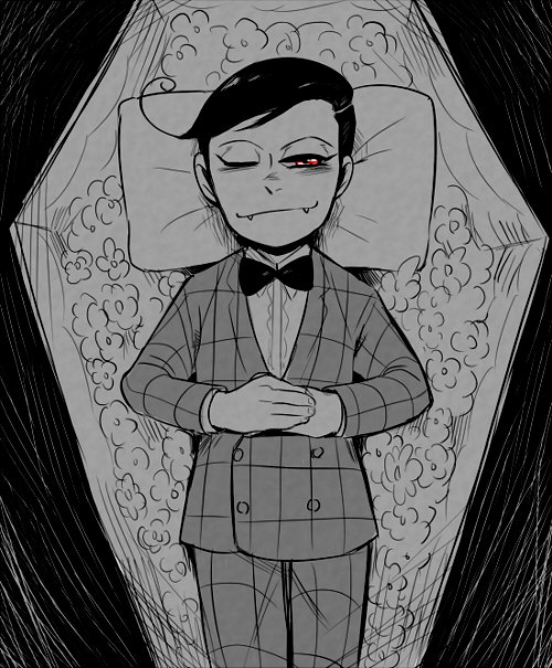 black_hair bow bowtie buttons child coffin dra_(osomatsu-kun) fangs flower formal looking_at_viewer male_child male_focus maririnbo one_eye_closed osomatsu-kun pillow red_eyes shirt side_ahoge spot_color suit swept_bangs