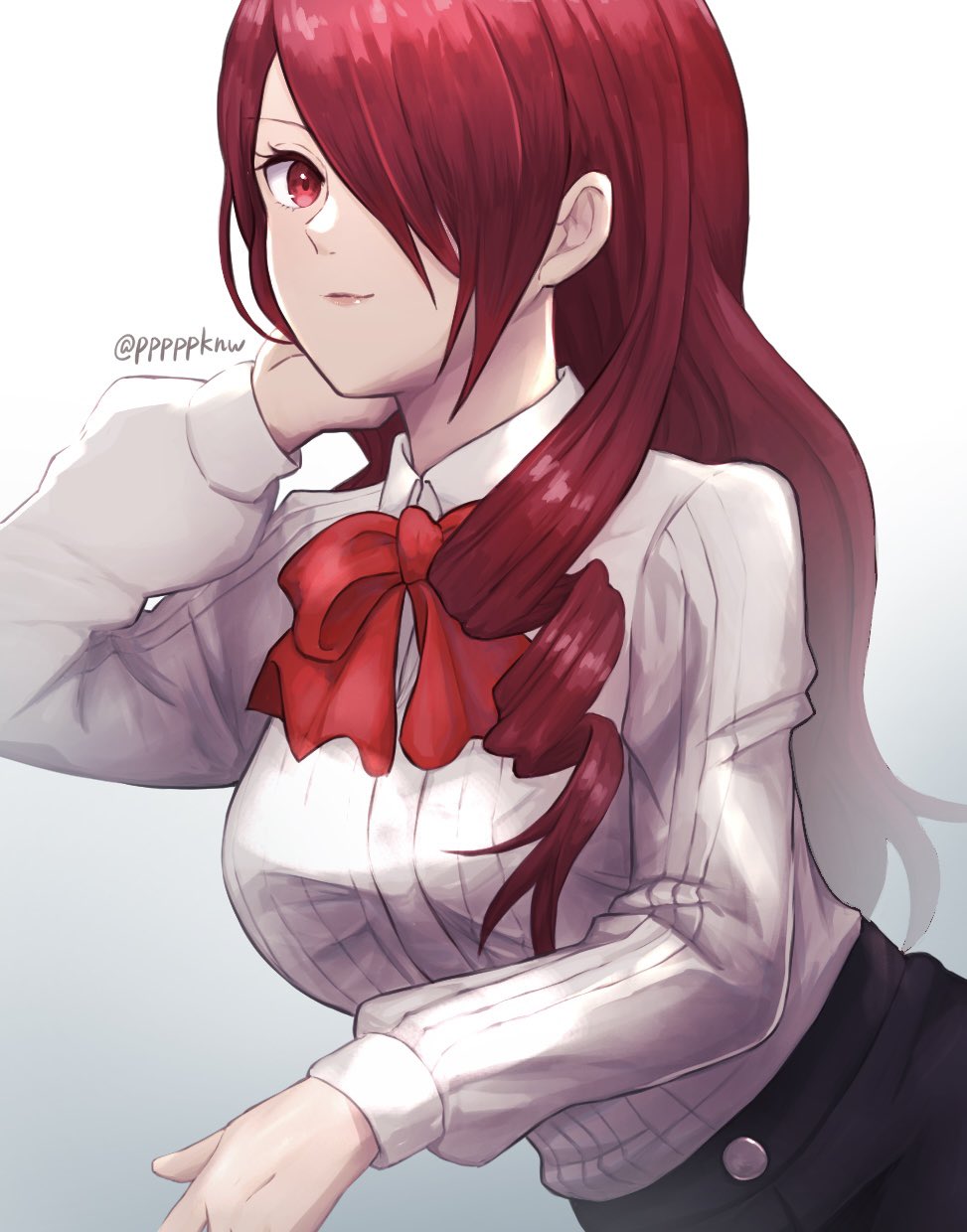 1girl black_skirt bow bowtie closed_mouth collared_shirt commentary_request gekkoukan_high_school_uniform hair_over_one_eye highres kirijou_mitsuru lips long_hair long_sleeves looking_at_viewer one_eye_covered persona persona_3 pink_lips pppppknw red_bow red_bowtie red_eyes redhead school_uniform shirt simple_background skirt smile solo twitter_username white_background white_shirt