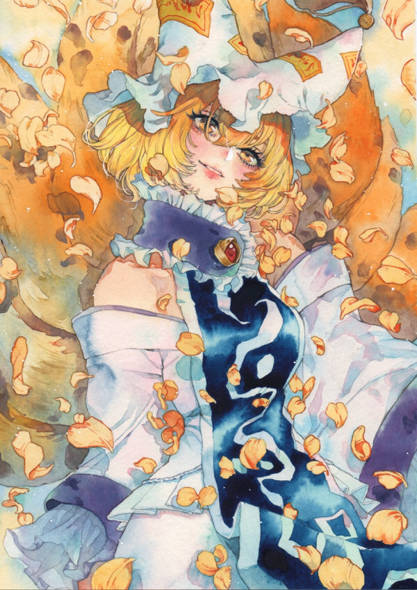 1girl acrylic_paint_(medium) animal_ears animal_hat bare_shoulders blonde_hair colored_pencil_(medium) dress falling_petals fox_ears fox_tail hat looking_at_viewer mob_cap multiple_tails painting_(medium) petals short_hair smile solo tabard tail touhou traditional_media watercolor_(medium) white_dress white_headwear wide_sleeves yakumo_ran yellow_eyes yotsuba0401