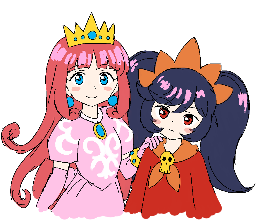 2girls ashley_(warioware) big_hair black_hair blue_eyes blush_stickers bracelet brooch closed_mouth crown curly_hair dress earrings elbow_gloves gem gloves hair_between_eyes hairband hand_on_another's_shoulder jaggy_lines jewelry long_hair looking_at_viewer multiple_girls neckerchief orange_hairband orange_neckerchief parted_bangs pink_dress pink_gloves pink_hair princess princess_shokora puffy_short_sleeves puffy_sleeves red_eyes red_gemstone shokora-hime short_sleeves simple_background skull smile super_mario_bros. swept_bangs twintails wario_land wario_land_4 warioware white_background yellow_headwear zawabug