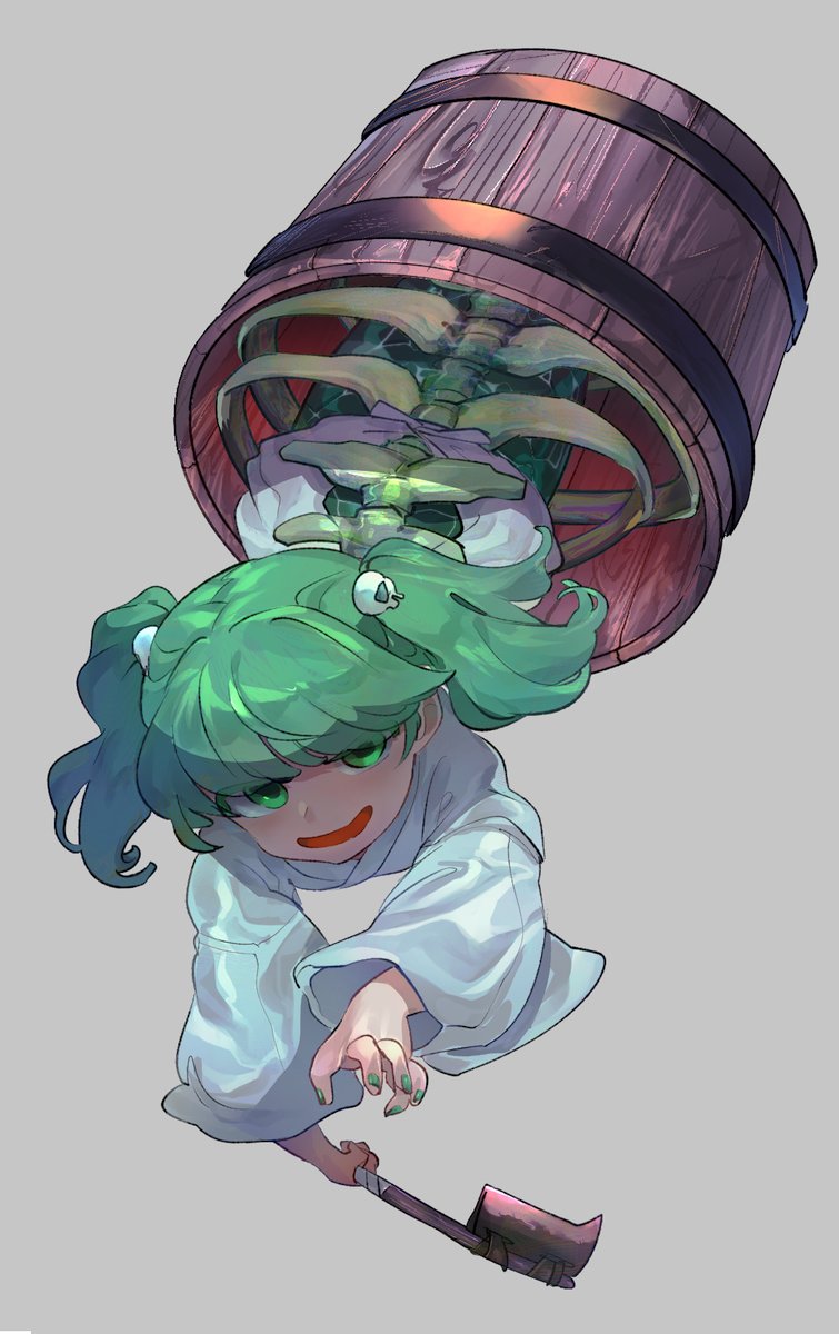 1girl blue_shirt bucket chamaruku fallen_down green_eyes green_hair green_nails grey_background highres holding in_bucket in_container kisume shirt skeleton solo touhou wooden_bucket