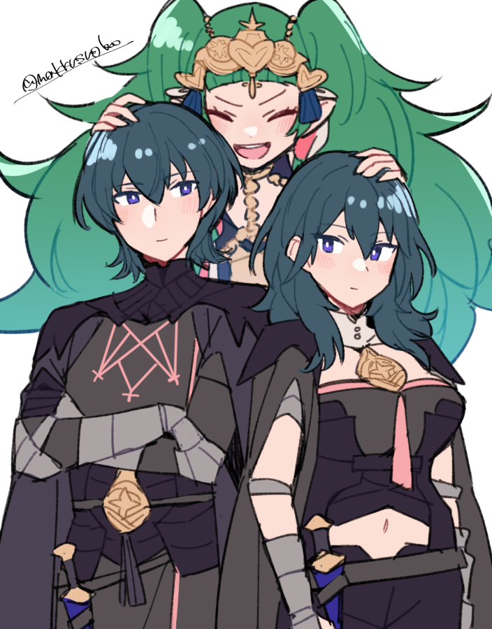 1boy 2girls armor black_armor black_cape black_gloves blue_hair blush byleth_(female)_(fire_emblem) byleth_(fire_emblem) byleth_(male)_(fire_emblem) cape closed_eyes closed_mouth commentary_request crossed_arms dagger do_m_kaeru fire_emblem fire_emblem:_three_houses floating gauntlets gloves green_hair hair_between_eyes hair_ornament hands_on_another's_head knife long_hair looking_at_viewer multiple_girls navel open_mouth pointy_ears sheath simple_background smile sothis_(fire_emblem) teeth twintails twitter_username upper_teeth_only very_long_hair violet_eyes weapon white_background