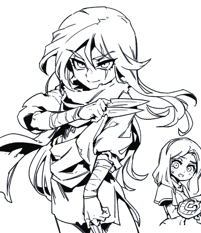 2girls alternate_costume bandaged_arm bandages cowboy_shot cropped_torso greyscale katarina_(league_of_legends) league_of_legends long_hair long_sleeves looking_at_another lux_(league_of_legends) monochrome multiple_girls phantom_ix_row scar scar_across_eye scarf simple_background smile torn_scarf white_background