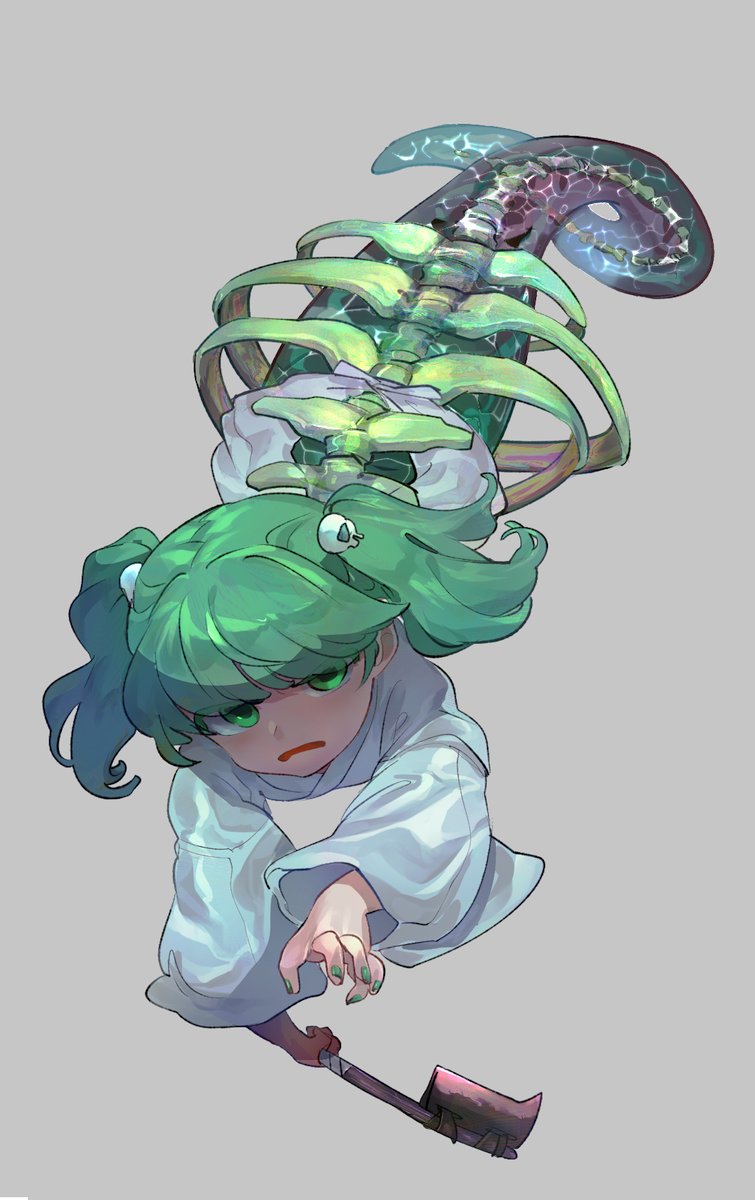 1girl chamaruku exoskeleton full_body green_eyes green_hair green_nails grey_background hair_ornament hashitsuki_nata highres holding holding_weapon kisume long_sleeves looking_at_viewer lying medium_hair monster_girl nail_polish nata_(tool) on_stomach open_mouth reaching_towards_viewer ribs shirt simple_background skeleton solo tail touhou twintails weapon white_shirt wide_sleeves