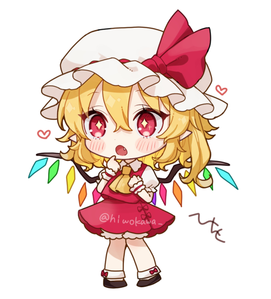 1girl :o blonde_hair chibi crystal fang flandre_scarlet full_body hat heart honotai knees_together_feet_apart mob_cap open_mouth pigeon-toed simple_background solo touhou white_background wings