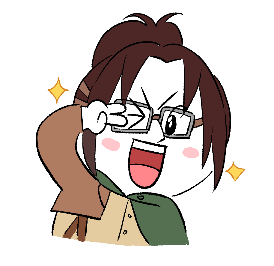 &gt;_o 1girl :d blush_stickers brown_hair cropped_torso emoji goggles hand_up hange_zoe happy high_ponytail line_(naver) looking_at_viewer moon's_job_hunting_story_(line) one_eye_closed paradis_military_uniform parody shingeki_no_kyojin smile solo sparkle style_parody syabbal-i