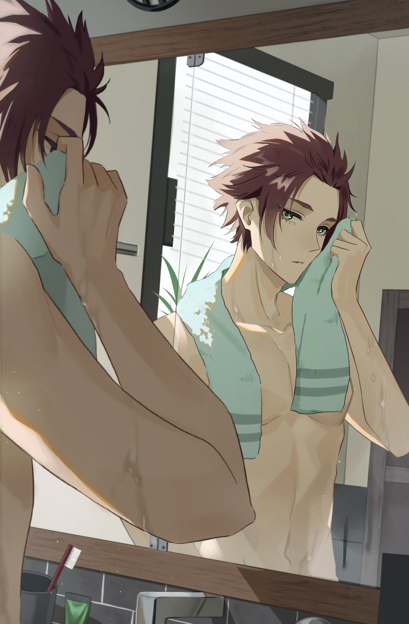 1boy bathroom blue_eyes blue_lock ciao3030 closed_mouth cup hand_up highres indoors itoshi_sae male_focus mirror redhead reflection short_hair solo toothbrush topless_male towel towel_around_neck upper_body window