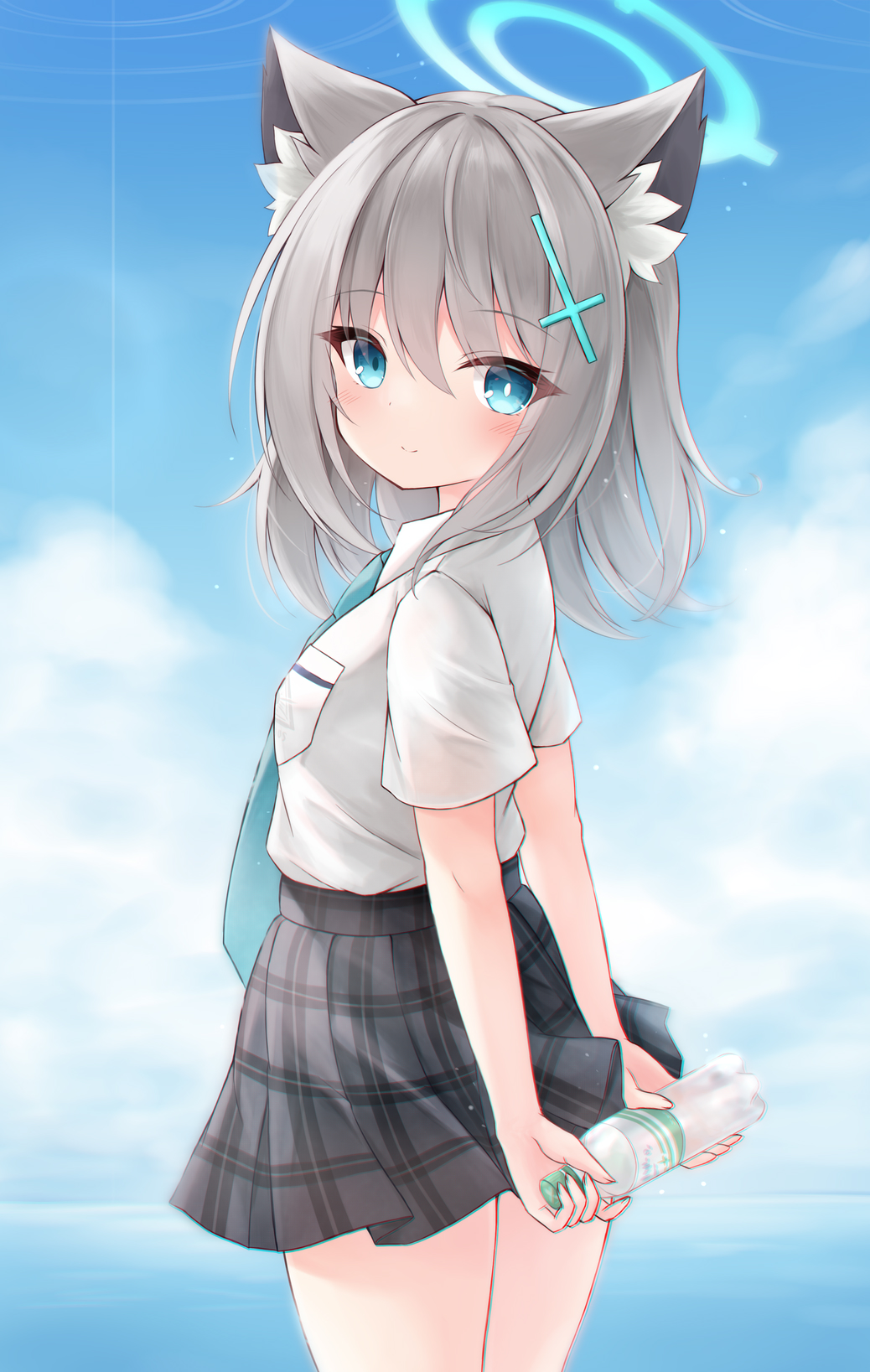 1girl animal_ear_fluff animal_ears arms_behind_back blue_archive blue_necktie blush bottle cat_ears cat_girl clouds from_behind grey_hair grey_skirt hair_ornament hairclip halo highres looking_at_viewer looking_back miniskirt mochizuki_riku necktie no_tail outdoors plaid plaid_skirt school_uniform shiroko_(blue_archive) shirt short_hair short_sleeves skirt sky smile solo thighs white_shirt