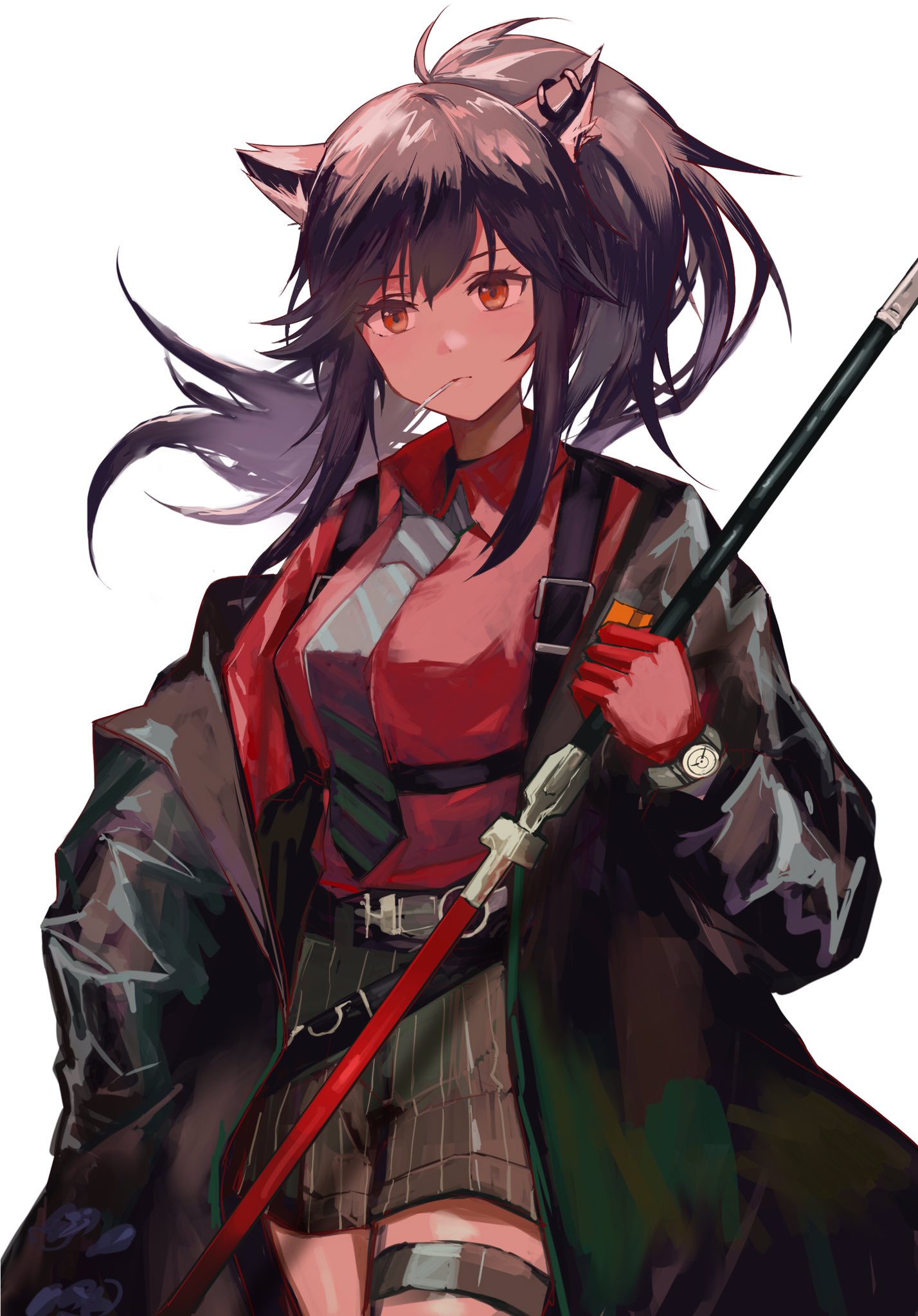 1girl animal_ears arknights belt black_hair black_jacket black_necktie black_shorts closed_mouth collared_shirt ear_piercing gloves highres holding holding_sword holding_weapon jacket long_hair necktie official_alternate_costume open_clothes open_jacket orange_eyes piercing ponytail red_gloves red_shirt ruyu_(txzy22) shirt shorts simple_background solo striped striped_necktie striped_shorts sword texas_(arknights) texas_(willpower)_(arknights) thigh_strap watch watch weapon white_background wolf_ears