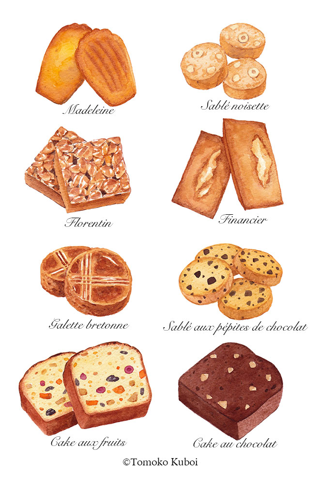 cake chocolate_cake chocolate_chip_cookie cookie food food_focus french_text fruit galette_(food) kuboitomoko madeleine no_humans original painting_(medium) simple_background still_life traditional_media watercolor_(medium) white_background