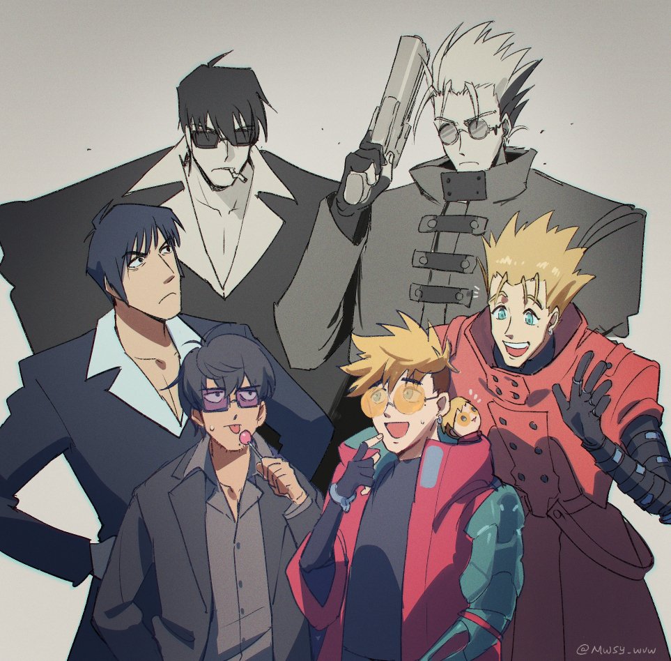 6+boys :d :p black_eyes black_gloves black_hair black_jacket black_shirt blonde_hair blue_eyes candy cigarette coat collared_shirt cowboy_shot earrings facial_hair fingerless_gloves food frown glasses gloves grey_background gun hand_up holding holding_candy holding_food holding_gun holding_lollipop holding_weapon jacket jewelry lollipop long_sleeves male_focus mouth_hold multiple_boys nicholas_d._wolfwood open_mouth prosthesis prosthetic_arm red_coat round_eyewear shirt single_earring smile souyuu spiky_hair standing sweatdrop tongue tongue_out trigun trigun_stampede undercut v-shaped_eyebrows vash_the_stampede weapon white_shirt