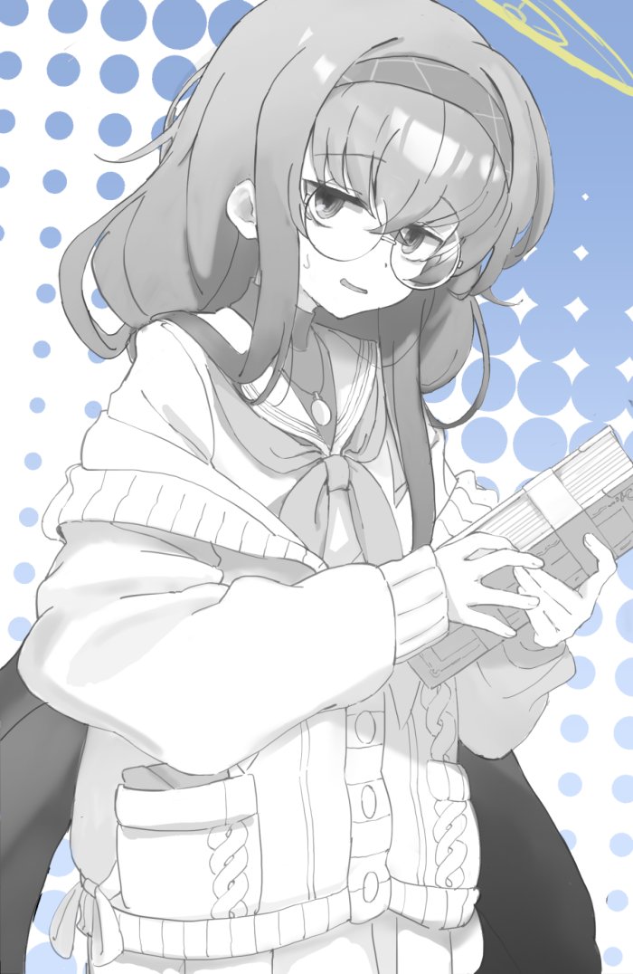 1girl bags_under_eyes blue_archive book cardigan cowboy_shot glasses hairband halo holding holding_book jewelry long_hair long_sleeves looking_at_viewer low_twintails mojo monochrome mugenmaru neckerchief necklace off_shoulder parted_lips round_eyewear sailor_collar school_uniform serafuku solo spot_color sweatdrop twintails two-tone_background ui_(blue_archive) very_long_hair