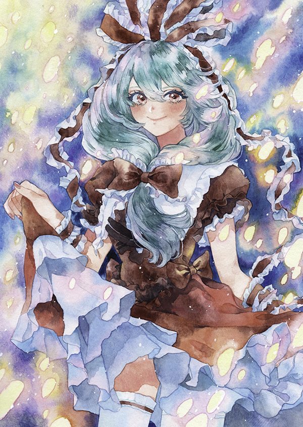 1girl acrylic_paint_(medium) arm_ribbon blush bow colored_pencil_(medium) dress frilled_ribbon frills front_ponytail green_hair hair_bow hair_ribbon kagiyama_hina long_hair looking_at_viewer painting_(medium) red_dress ribbon skirt_hold smile solo thigh-highs touhou traditional_media watercolor_(medium) white_thighhighs wrist_ribbon yotsuba0401