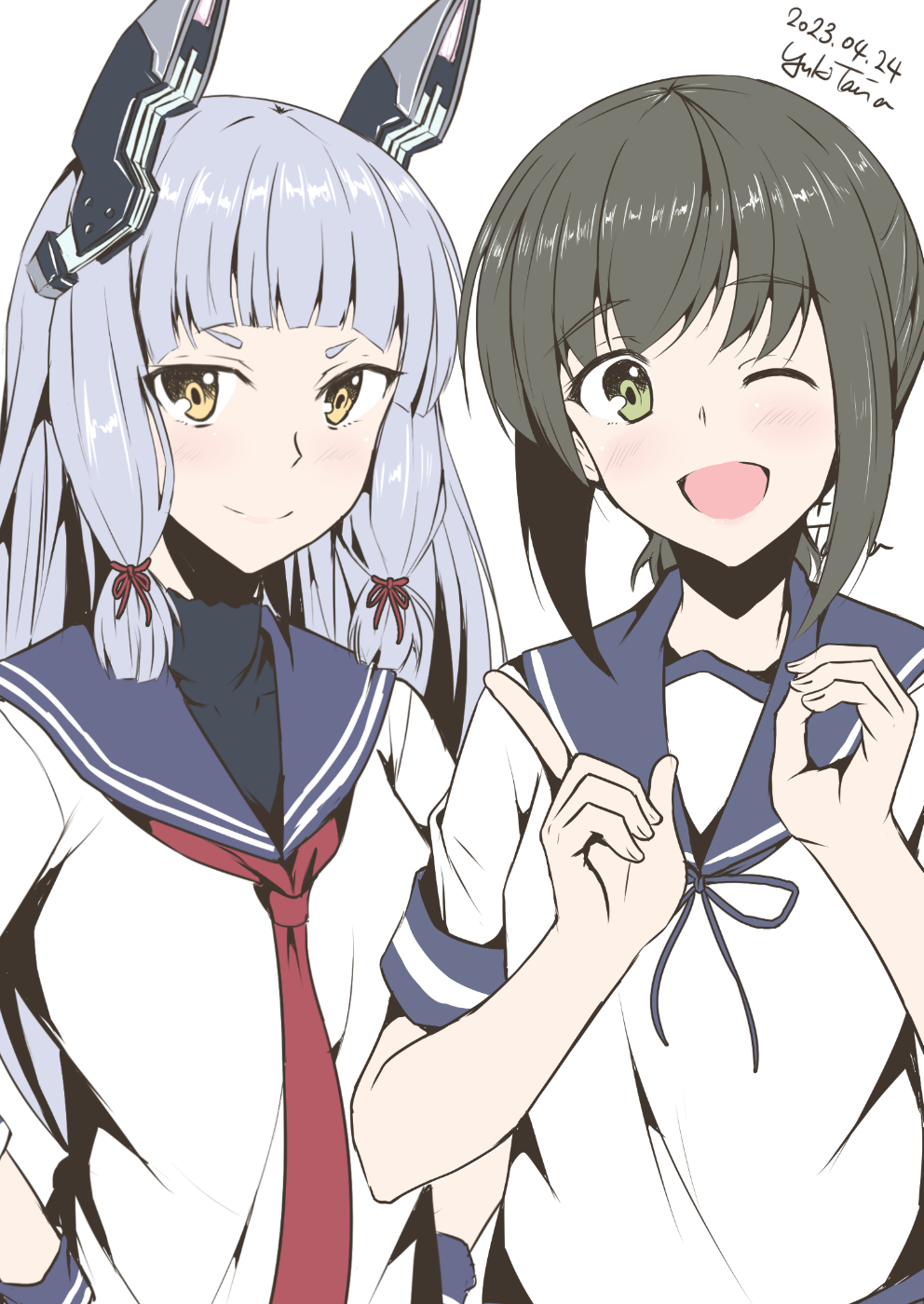 2girls anniversary artist_name black_hair blue_sailor_collar blunt_bangs brown_eyes dated dress fubuki_(kancolle) grey_hair hair_ribbon headgear highres index_finger_raised kantai_collection long_hair low_ponytail medium_hair multiple_girls murakumo_(kancolle) necktie ponytail red_necktie ribbon sailor_collar sailor_dress sailor_shirt school_uniform serafuku shirt short_ponytail sidelocks smile taira_yuuki tress_ribbon upper_body white_shirt