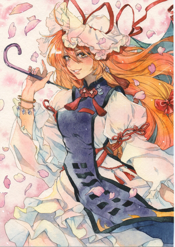 1girl acrylic_paint_(medium) blonde_hair bow bracelet colored_pencil_(medium) falling_petals hair_bow hair_ornament hat hat_ribbon holding holding_umbrella jewelry mob_cap painting_(medium) parasol petals red_bow red_ribbon ribbon smile solo tabard touhou traditional_media umbrella watercolor_(medium) yakumo_yukari yellow_eyes yotsuba0401