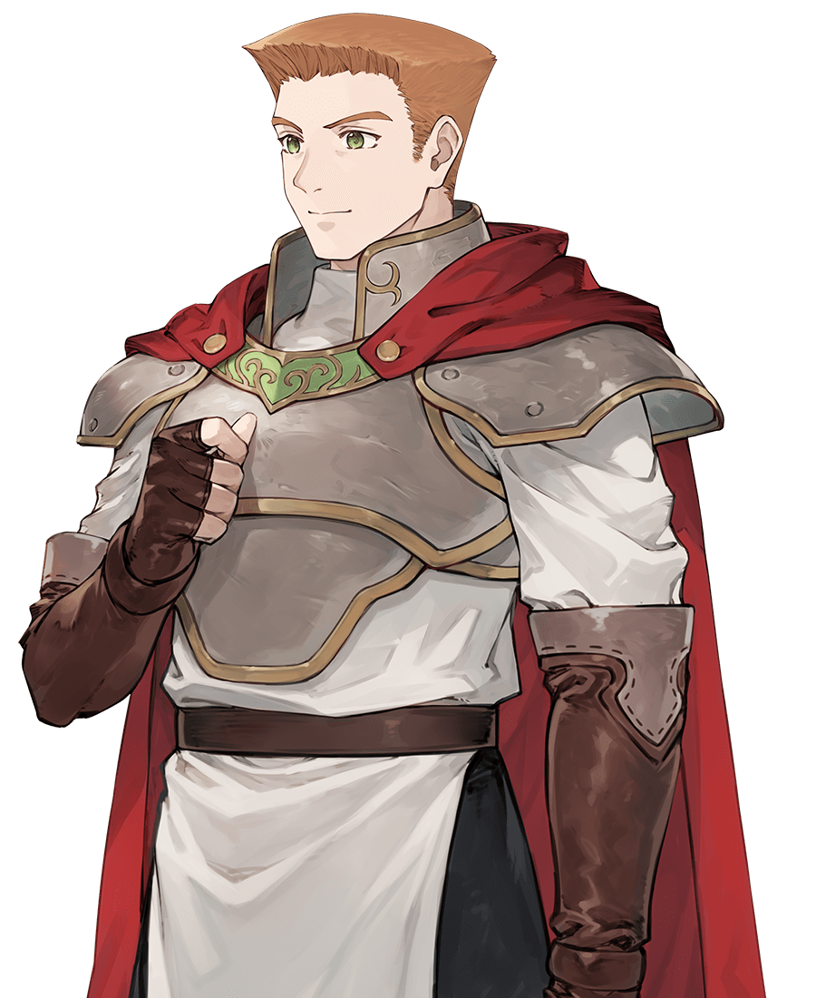 1boy armor artist_request atelier_(series) atelier_marie belt breastplate brown_belt brown_gloves brown_hair cape closed_mouth elbow_gloves fingerless_gloves flattop gloves green_eyes hallesch_sleiman male_focus official_art pauldrons red_cape short_hair shoulder_armor simple_background smile solo standing