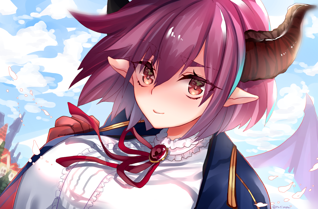 1girl artist_name blazer blue_jacket center_frills close-up clouds collar dragon_girl dragon_horns dragon_wings frilled_collar frills granblue_fantasy grea_(shingeki_no_bahamut) hair_between_eyes horns jacket multicolored_hair neck_ribbon open_clothes open_jacket pink_hair pointy_ears putimaxi red_eyes red_ribbon ribbon shirt short_hair sky solo streaked_hair white_shirt wings