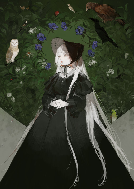 1girl bird black_dress black_headwear blue_flower blunt_bangs bonnet closed_mouth commentary_request dress feet_out_of_frame flower gothic green_background leaf long_hair long_sleeves nekosuke_(oxo) original own_hands_together pale_skin plant solo standing straight_hair very_long_hair white_hair
