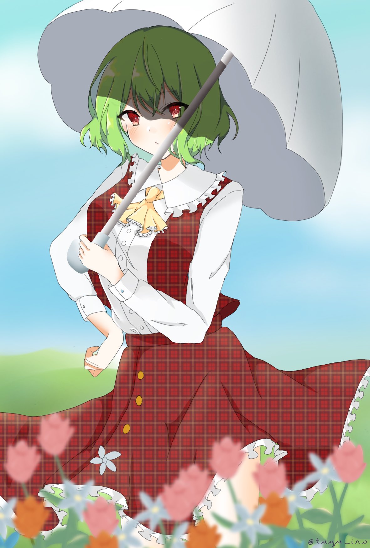 1girl ascot blurry blurry_foreground closed_mouth green_eyes green_hair highres holding holding_umbrella kazami_yuuka looking_at_viewer outdoors plaid plaid_skirt plaid_vest red_eyes red_skirt red_vest shirt short_hair skirt smile solo touhou tuyu_iro umbrella vest white_shirt white_umbrella yellow_ascot
