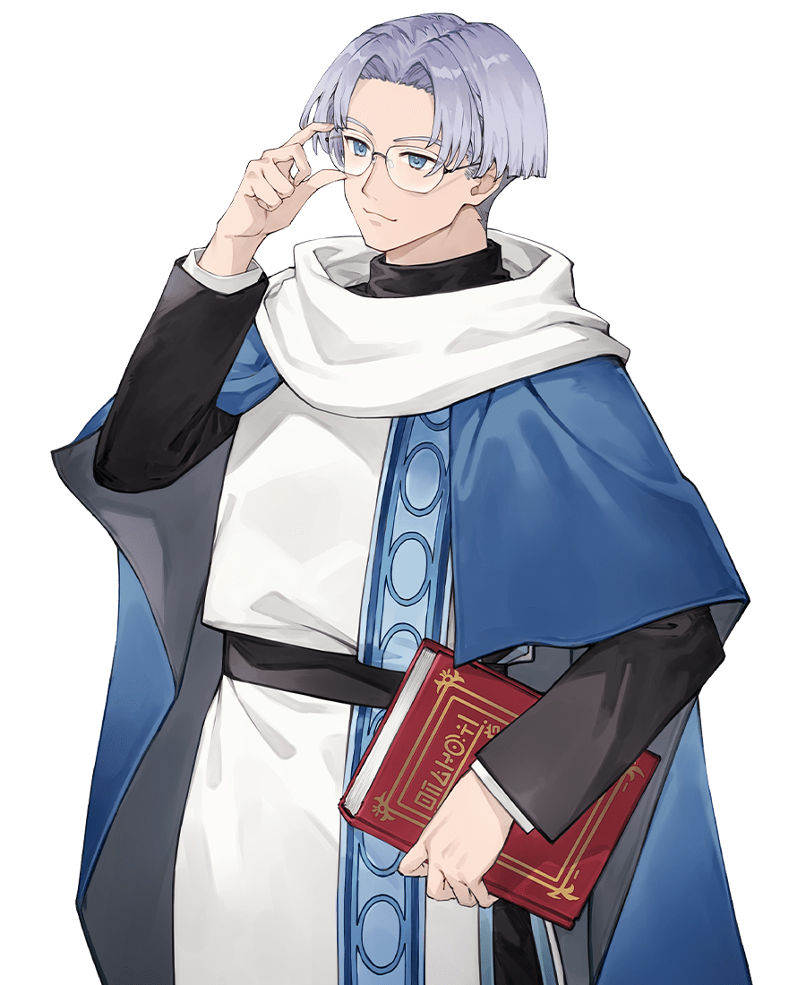 1boy adjusting_eyewear artist_request atelier_(series) atelier_marie blue_eyes book closed_mouth glasses hand_up holding holding_book kreis_kuhl long_sleeves male_focus official_art parted_bangs robe short_hair simple_background smile solo standing