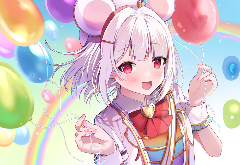 1girl :d animal_ears balloon bow collared_shirt commentary_request granblue_fantasy hands_up heart holding holding_balloon looking_at_viewer mouse_ears omuretsu rainbow red_bow red_eyes shirt short_sleeves smile solo upper_body vikala_(granblue_fantasy) white_hair white_shirt wrist_cuffs
