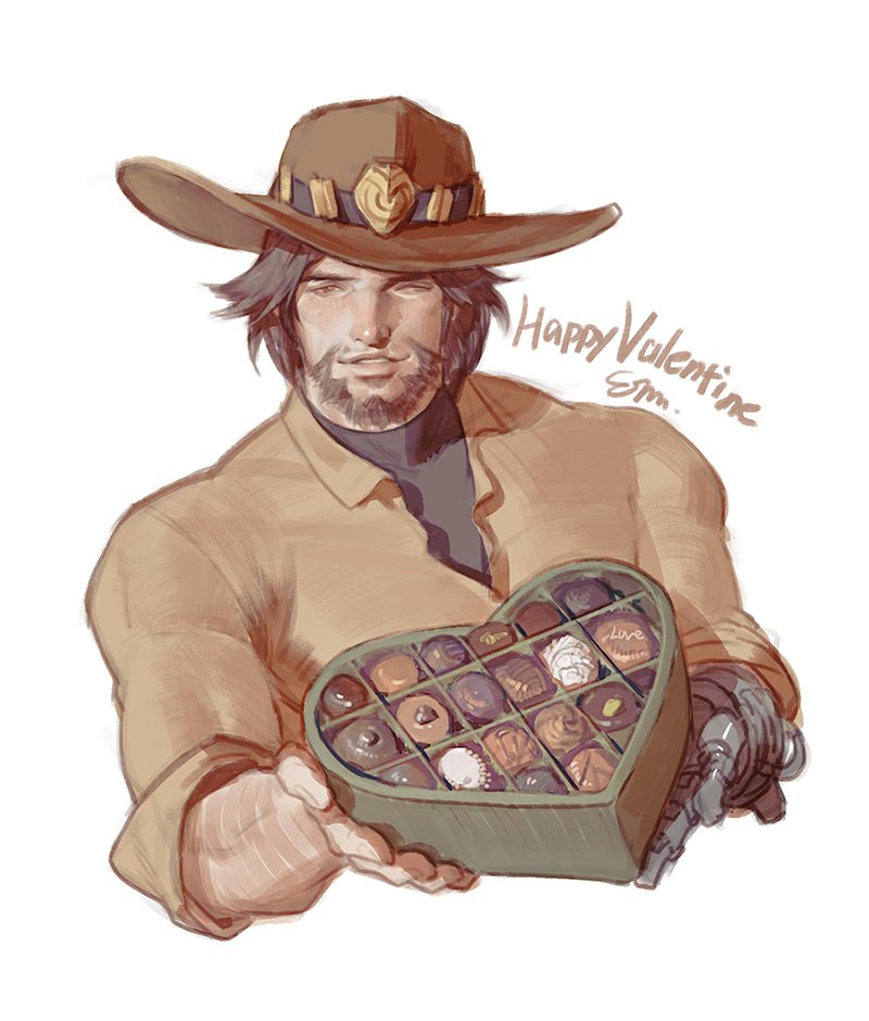 1boy box box_of_chocolates brown_hair brown_shirt cassidy_(overwatch) chocolate cowboy_hat et.m facial_hair happy_valentine hat heart-shaped_box holding holding_box male_focus mechanical_arms one_eye_closed overwatch overwatch_1 shirt short_hair simple_background single_mechanical_arm smile solo upper_body white_background