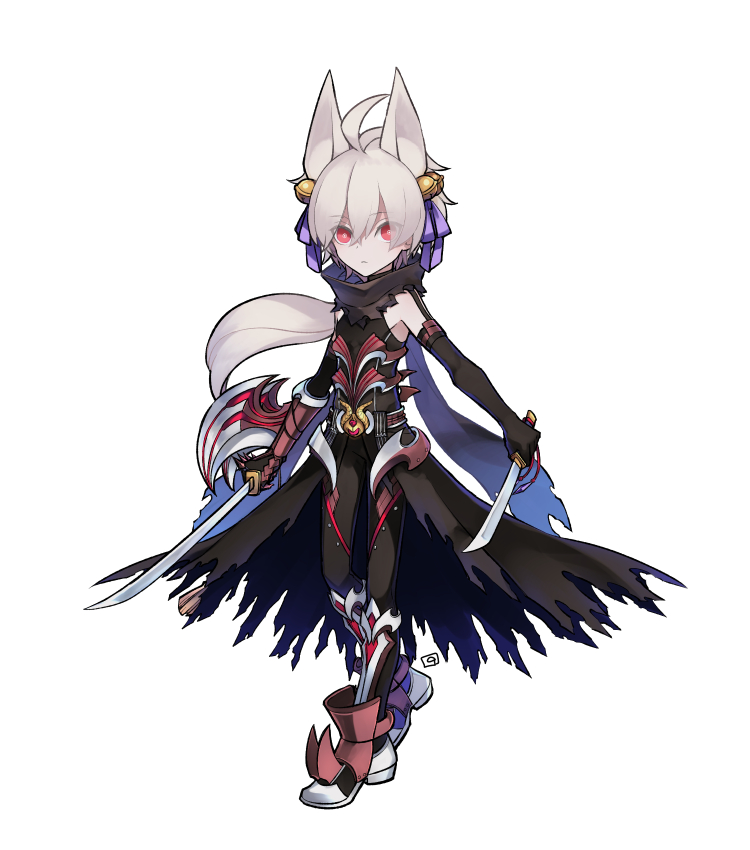 1boy animal_ears arm_blade armor armored_boots bell black_cape black_gloves black_pants black_shirt boots bow brown_scarf cape closed_mouth commentary_request dual_wielding elbow_gloves expressionless eyes_visible_through_hair fox_ears full_body gloves guillotine_cross_(ragnarok_online) hair_bell hair_between_eyes hair_bow hair_ornament holding holding_knife holding_sword holding_weapon jingle_bell katana knife kusabi_(aighe) long_bangs long_hair looking_at_viewer low_ponytail male_focus official_alternate_costume pants pauldrons purple_bow ragnarok_online red_armor red_eyes scarf shirt shoulder_armor simple_background sleeveless sleeveless_shirt solo sword torn_cape torn_clothes torn_scarf waist_cape walking weapon white_background white_hair