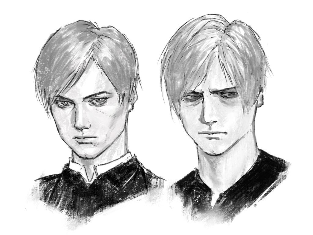 2boys age_comparison bags_under_eyes curtained_hair dual_persona frown furrowed_brow greyscale leon_s._kennedy monochrome mrs.yega_(nai0026er) multiple_boys profile resident_evil resident_evil_2 resident_evil_2_(remake) resident_evil_4 resident_evil_4_(remake)