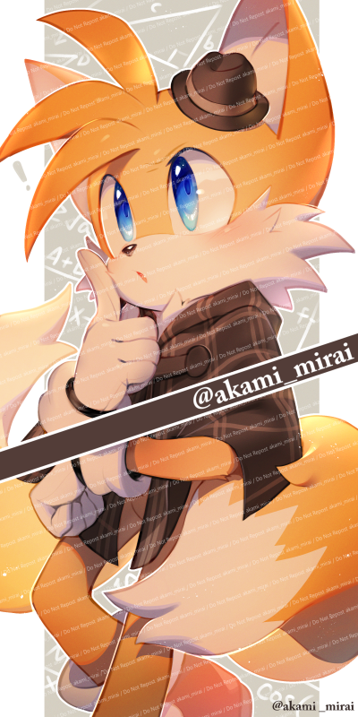 ! 1boy animal_ears animal_nose artist_name blue_eyes blush border brown_cape brown_headwear cape fang fox_boy fox_ears fox_tail furry furry_male gloves grey_background hands_up hat iiimirai index_finger_raised looking_up male_focus mini_hat multiple_tails open_mouth orange_fur outside_border plaid plaid_cape red_footwear shoes simple_background sneakers socks solo sonic_(series) standing tail tails_(sonic) the_murder_of_sonic_the_hedgehog two_tails watermark white_border white_gloves white_socks