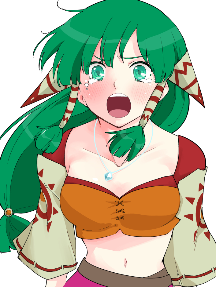 1girl breasts collarbone crying crying_with_eyes_open feena_(grandia) grandia grandia_i green_eyes green_hair hair_ornament hair_tubes jewelry long_hair looking_at_viewer low-tied_long_hair midriff navel necklace open_mouth saitou_shouki simple_background solo tears wide_sleeves