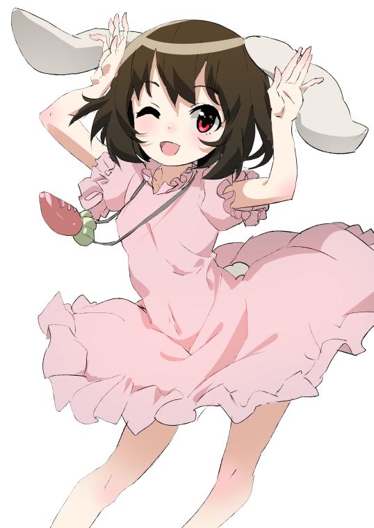 1girl ;d animal_ears arms_up bare_legs black_hair body_blush carrot carrot_necklace covered_navel dot_nose dress feet_out_of_frame floating_hair floppy_ears frilled_dress frilled_sleeves frills inaba_tewi jewelry light_blush looking_at_viewer necklace one-hour_drawing_challenge one_eye_closed open_mouth pink_dress polpol puffy_short_sleeves puffy_sleeves rabbit_ears rabbit_girl rabbit_pose rabbit_tail red_eyes short_hair short_sleeves simple_background smile solo standing tail touhou vignetting white_background