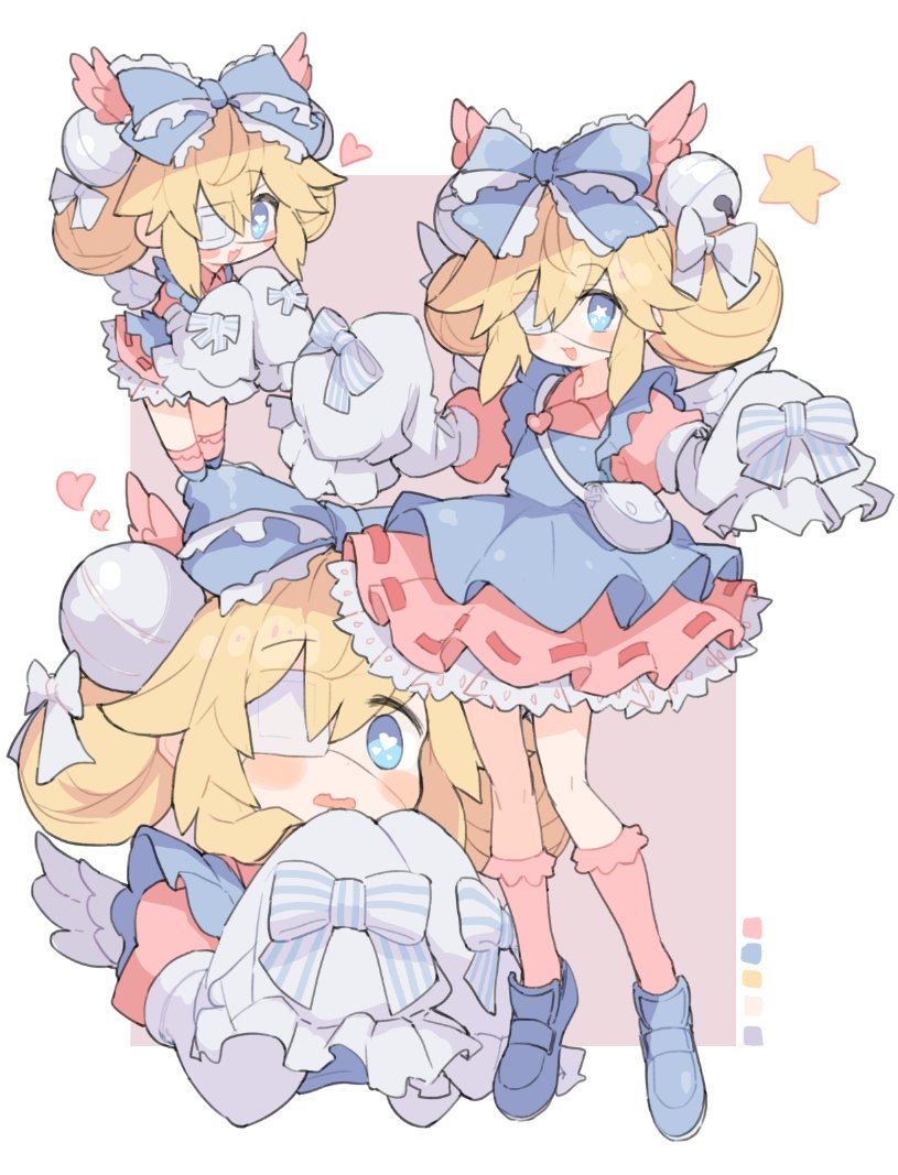1girl :d apron bell blonde_hair blue_apron blue_bow blue_eyes blue_footwear blush_stickers bow brown_background color_guide commentary_request commission cutesu_(cutesuu) double_bun dress eyepatch hair_bell hair_bow hair_bun hair_ornament heart heart-shaped_pupils jingle_bell kasa_(hitori_sanka) layered_sleeves loafers long_sleeves multiple_views open_mouth original pink_dress pink_socks puffy_short_sleeves puffy_sleeves shoes short_over_long_sleeves short_sleeves skeb_commission sleeves_past_fingers sleeves_past_wrists smile socks standing star-shaped_pupils star_(symbol) striped striped_bow symbol-shaped_pupils two-tone_background wavy_mouth white_background