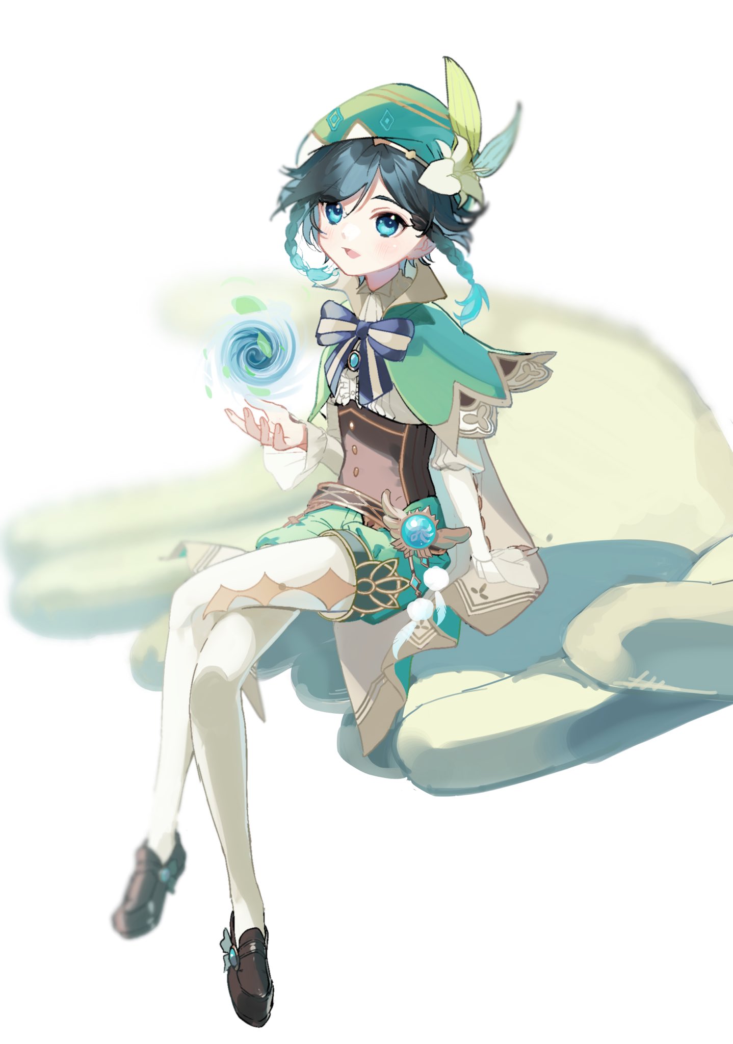 1boy beret black_hair blue_eyes blue_hair braid brooch brown_footwear cape collared_cape corset flower frilled_sleeves frills genshin_impact gradient_hair green_cape green_headwear green_shorts hat hat_flower highres honkai_(series) honkai_impact_3rd jewelry loafers male_focus moai_on multicolored_hair open_mouth pantyhose shoes short_hair_with_long_locks shorts sitting smile solo twin_braids venti_(genshin_impact) vision_(genshin_impact) white_flower