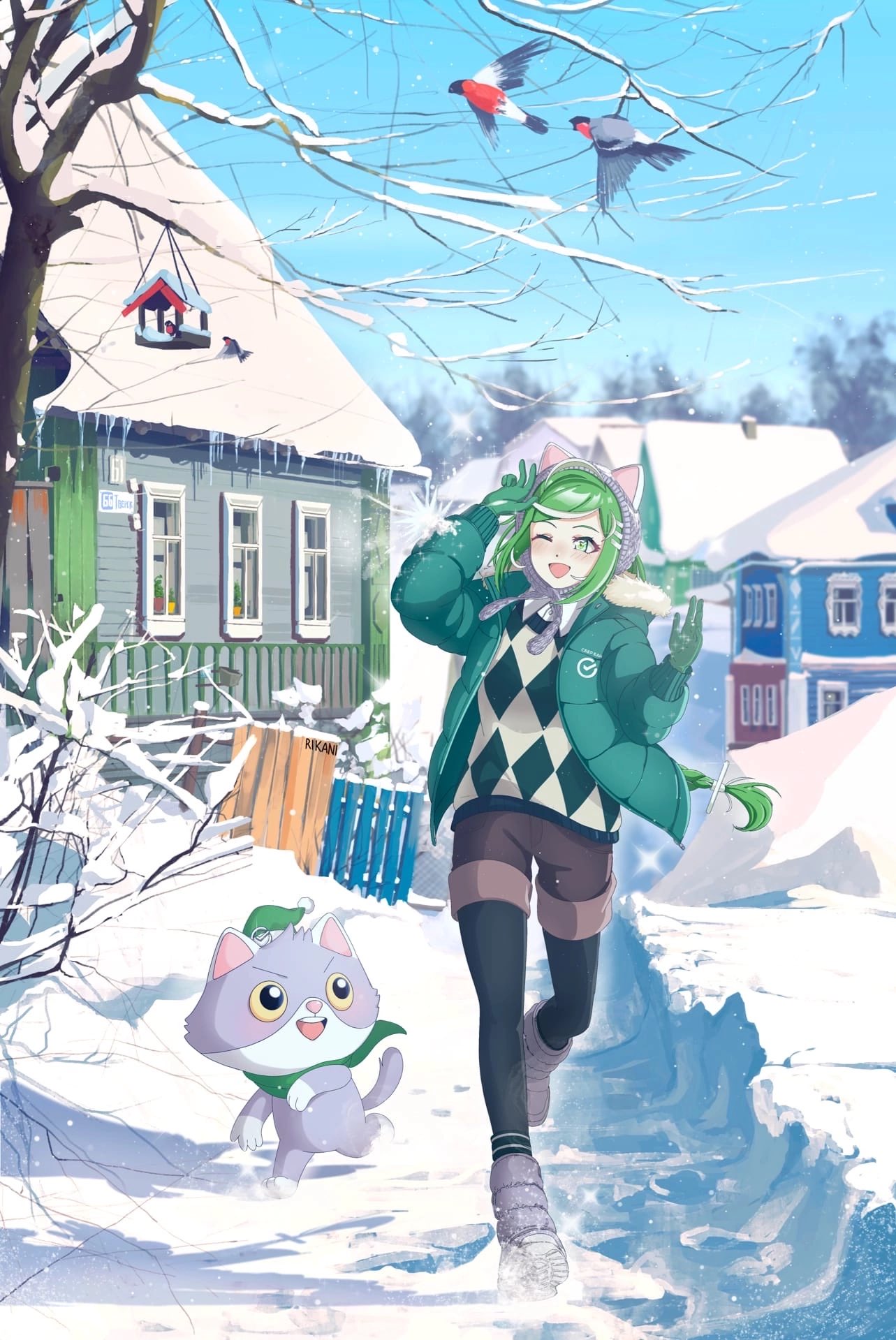 1girl animal_ear_headwear animal_ears black_pantyhose blush brown_shorts cat_ears full_body gloves green_eyes green_gloves green_hair green_headwear green_scarf grey_cat grey_jacket hair_ornament hairclip highres jacket logo long_hair looking_at_another multicolored_hair one_eye_closed open_mouth pantyhose rikani sber-chan sberbank scarf shorts smile snow streaked_hair white_hair white_headwear