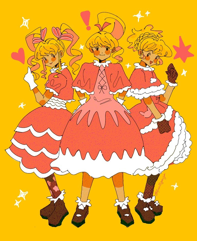 ! 1girl biscuit_krueger blonde_hair blush brown_gloves capelet dress drill_hair freeligaya gloves hair_ribbon heart hunter_x_hunter long_hair looking_at_viewer mary_janes ponytail red_capelet red_dress ribbon shoes signature smile socks solo sparkle standing twintails white_gloves yellow_background