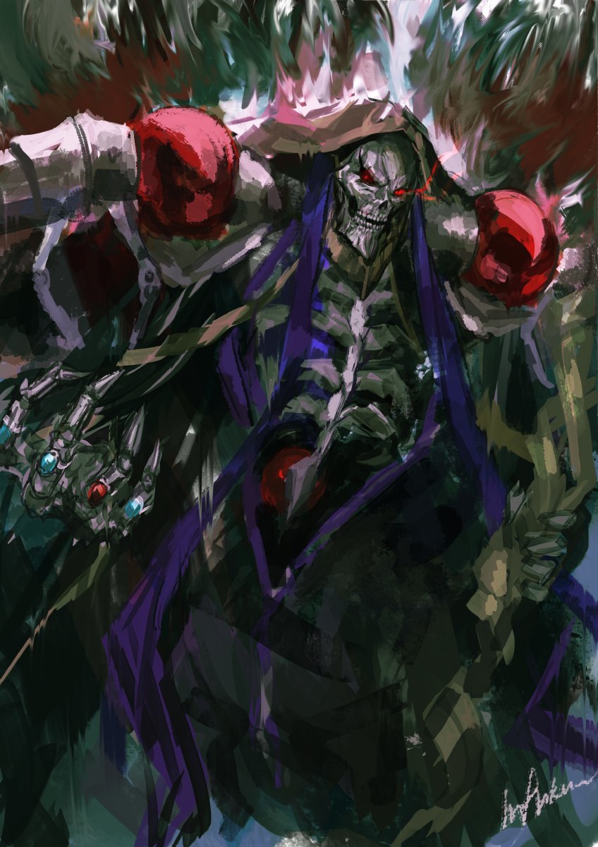 1boy ainz_ooal_gown artist_name aura black_robe bone commentary english_commentary eye_trail highres holding holding_staff hood hooded_robe infukun jewelry lich light_trail looking_at_viewer open_mouth orb overlord_(maruyama) red_eyes ring robe signature skeletal_arm skeleton skull staff undead