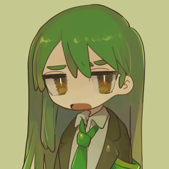 1boy armband black_jacket collared_shirt commentary_request eyebrow_cut green_armband green_background green_eyes green_hair green_necktie jacket jitome lobotomy_corporation long_hair long_sleeves male_focus necktie netzach_(project_moon) no_nose notsu_(mxtsxno) open_clothes open_jacket open_mouth portrait project_moon shirt sigh simple_background solo white_shirt