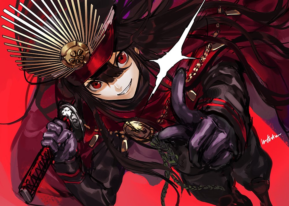 1girl black_gloves black_hair black_headwear black_jacket black_pants cape dutch_angle family_crest fate/grand_order fate_(series) gloves hair_between_eyes hat holding holding_sword holding_weapon index_finger_raised infukun jacket katana long_hair long_sleeves looking_at_viewer oda_nobunaga_(fate) oda_uri over_shoulder pants peaked_cap red_background red_cape red_eyes signature simple_background smile solo sword sword_over_shoulder very_long_hair weapon weapon_over_shoulder