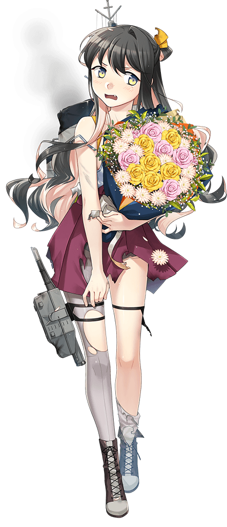 1girl asymmetrical_legwear black_hair boots bouquet burnt_clothes collared_shirt colored_inner_hair cross-laced_footwear damaged dress fang fujikawa full_body grey_pantyhose kantai_collection lace-up_boots long_hair looking_at_viewer machinery multicolored_hair naganami_(kancolle) official_art open_mouth pantyhose pink_hair pleated_dress purple_dress school_uniform shirt smile smoke solo third-party_source torn_clothes torpedo_launcher transparent_background two-tone_hair yellow_eyes