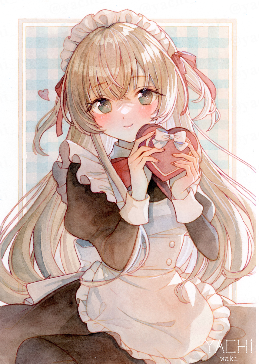 1girl apron artist_name black_dress blue_eyes blush bow bowtie box brown_hair closed_mouth dress frilled_apron frills gift gingham hair_ribbon heart heart-shaped_box highres holding holding_gift juliet_sleeves long_hair long_sleeves looking_at_viewer maid maid_apron maid_headdress original painting_(medium) puffy_sleeves red_bow red_bowtie red_ribbon ribbon smile solo traditional_media two_side_up upper_body valentine watercolor_(medium) white_apron yachi_waki