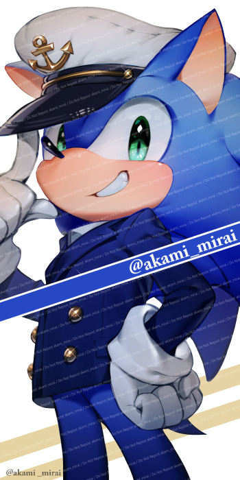 1boy anchor_symbol animal_ears animal_nose artist_name blue_fur blue_jacket blush buttons collared_jacket furry furry_male gloves green_eyes hand_on_own_hip hand_up hat hedgehog hedgehog_ears hedgehog_tail iiimirai index_finger_raised jacket long_sleeves looking_at_viewer male_focus shirt simple_background smile solo sonic_(series) sonic_the_hedgehog sparkle standing tail teeth the_murder_of_sonic_the_hedgehog watermark white_background white_gloves white_headwear white_shirt