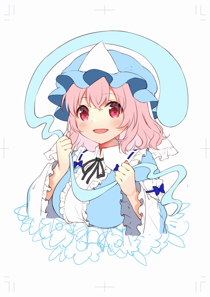 1girl :d blue_headwear breasts cropped_torso frilled_kimono frills ghost hat japanese_clothes kapuchii kimono large_breasts looking_at_viewer mob_cap open_mouth pink_hair red_eyes saigyouji_yuyuko simple_background smile solo touhou triangular_headpiece upper_body white_background wide_sleeves