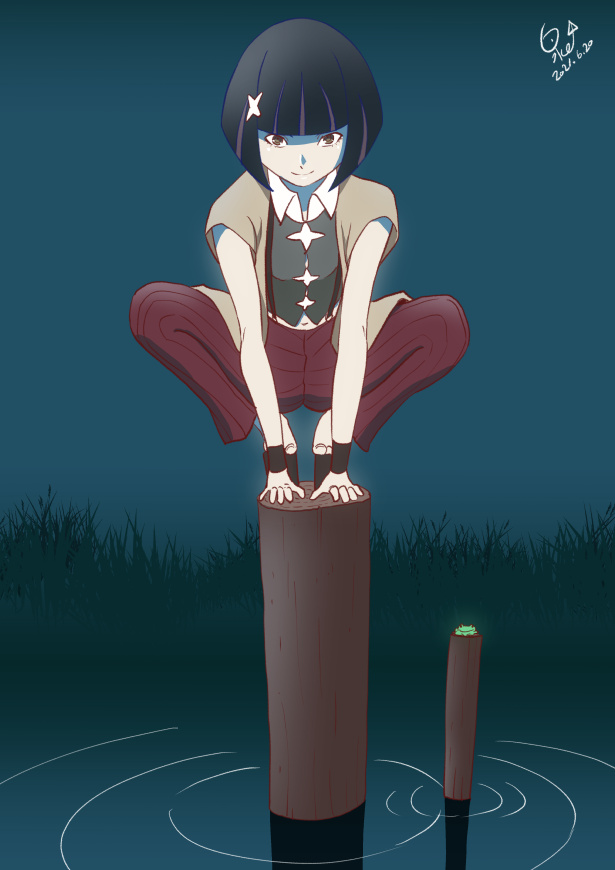 1girl all_fours artist_name black_footwear black_hair black_shirt black_wristband blue_background blunt_bangs bob_cut brown_eyes brown_shirt closed_mouth collared_shirt commentary cropped_shirt dated frog full_body gradient_sky grass hair_ornament hairclip head_down huumoon kagenui_yozuru looking_at_viewer midriff midriff_peek monogatari_(series) multicolored_hair navel night on_top_of_pole open_clothes open_shirt outdoors overshirt pale_skin pants platform_footwear pond redhead ripples shaded_face shirt shoes short_hair short_sleeves signature sky smile solo spread_legs squatting streaked_hair striped suspenders toeless_footwear toes two-tone_shirt vertical_stripes water white_shirt wide_spread_legs