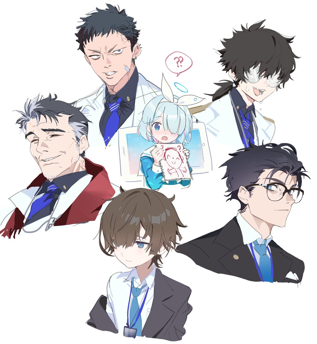 1girl 5boys ? ?? androgynous arona's_sensei_doodle_(blue_archive) arona_(blue_archive) bandaid bandaid_on_face black_hair blue_archive blue_hair blue_halo blue_necktie blue_shirt blush bow_hairband brown_hair coke-bottle_glasses collared_shirt colored_inner_hair cropped_torso formal glasses grey_hair grimace hair_over_one_eye hairband halo highres jacket lanyard messy_hair multicolored_hair multiple_boys necktie off_shoulder open_clothes open_jacket open_mouth parted_lips pink_hair ponytail red_scarf sailor_collar scarf seicoh sensei_(blue_archive) shirt short_hair simple_background sketch smile spoken_question_mark suit sweat two-tone_hair white_background