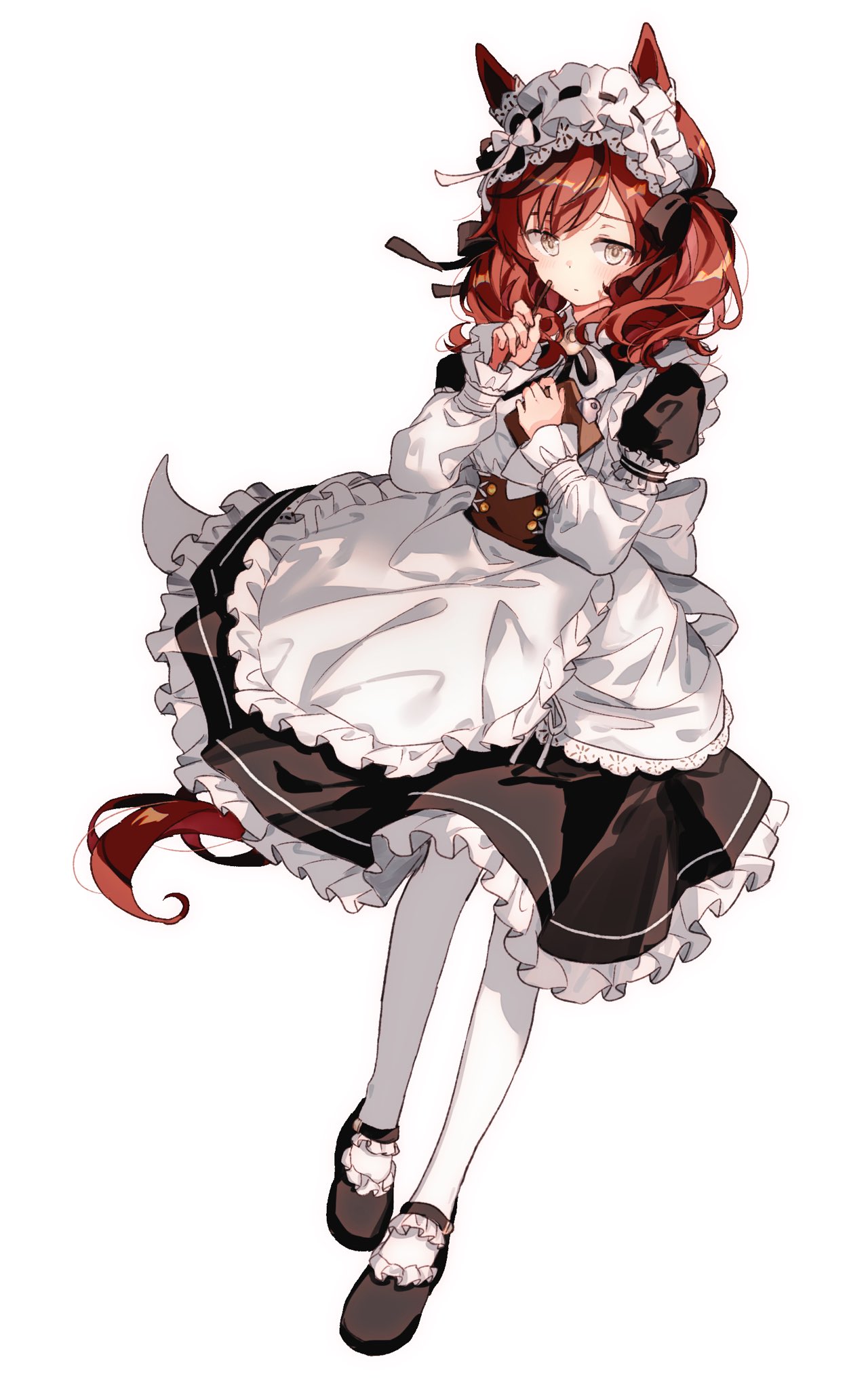 1girl alternate_costume animal_ears apron black_bow black_footwear black_skirt bow closed_mouth full_body hair_bow highres horse_ears horse_girl horse_tail long_sleeves looking_at_viewer maid maid_apron maid_headdress mary_janes medium_hair migolu nice_nature_(umamusume) pantyhose shoes sidelocks simple_background skirt standing tail umamusume white_apron white_background white_pantyhose yellow_eyes