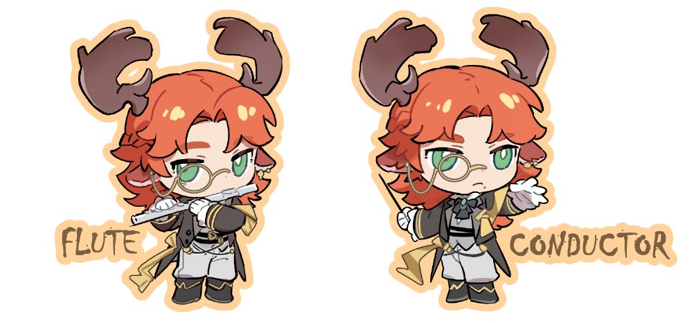 1boy animal_ears antlers arknights ascot baton_(conducting) black_ascot black_coat black_footwear boots chibi closed_mouth coat conductor czerny_(arknights) deer_antlers deer_boy deer_ears earrings flute full_body gloves green_eyes grey_vest holding holding_instrument holding_wand instrument jewelry long_hair long_sleeves looking_at_viewer male_focus mole mole_under_mouth monocle multiple_views music orange_hair orange_outline outline outstretched_arm pants parted_bangs playing_instrument sash shirt simple_background sora_(sora1019) standing vest wand white_background white_gloves white_pants white_shirt yellow_sash