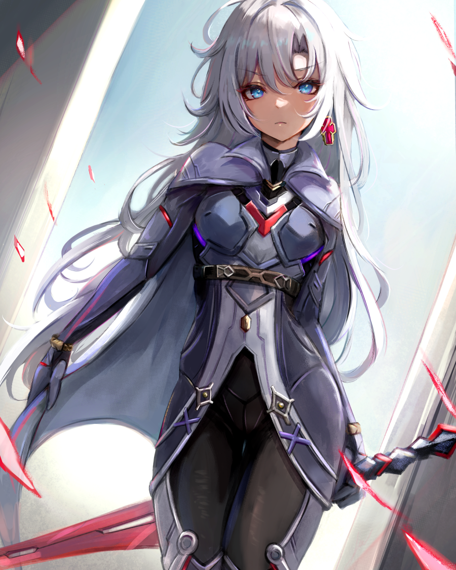 a's_monado a_(xenoblade) blue_eyes cape closed_mouth collared_cape earrings frown hair_between_eyes hair_intakes holding holding_sword holding_weapon jewelry leonmandala long_hair looking_at_viewer messy_hair serious simple_background single_earring solo sword very_long_hair weapon white_background xenoblade_chronicles_(series) xenoblade_chronicles_3 xenoblade_chronicles_3:_future_redeemed