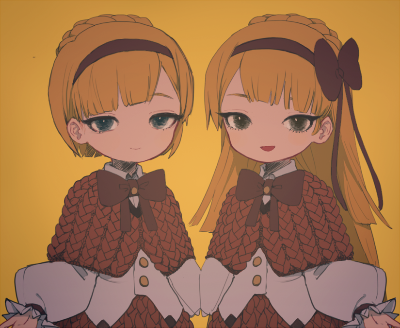 1boy 1girl blonde_hair blue_eyes braid brown_capelet brown_hairband brown_ribbon brown_skirt buttons cable_knit capelet closed_mouth commentary_request crown_braid green_eyes hairband lobotomy_corporation long_hair long_sleeves matching_outfit neck_ribbon no_nose notsu_(mxtsxno) open_mouth project_moon ribbon shirt simple_background skirt smile tiphereth_a_(project_moon) tiphereth_b_(project_moon) white_shirt yellow_background