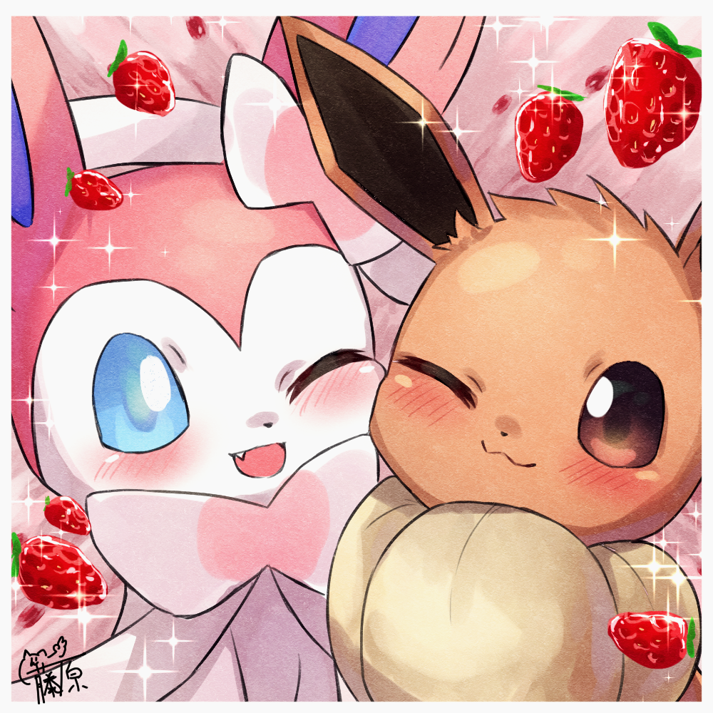 ;) ;d blush border brown_eyes closed_mouth eevee fang food fruit katsukare no_humans one_eye_closed open_mouth pokemon pokemon_(creature) smile sparkle strawberry sylveon